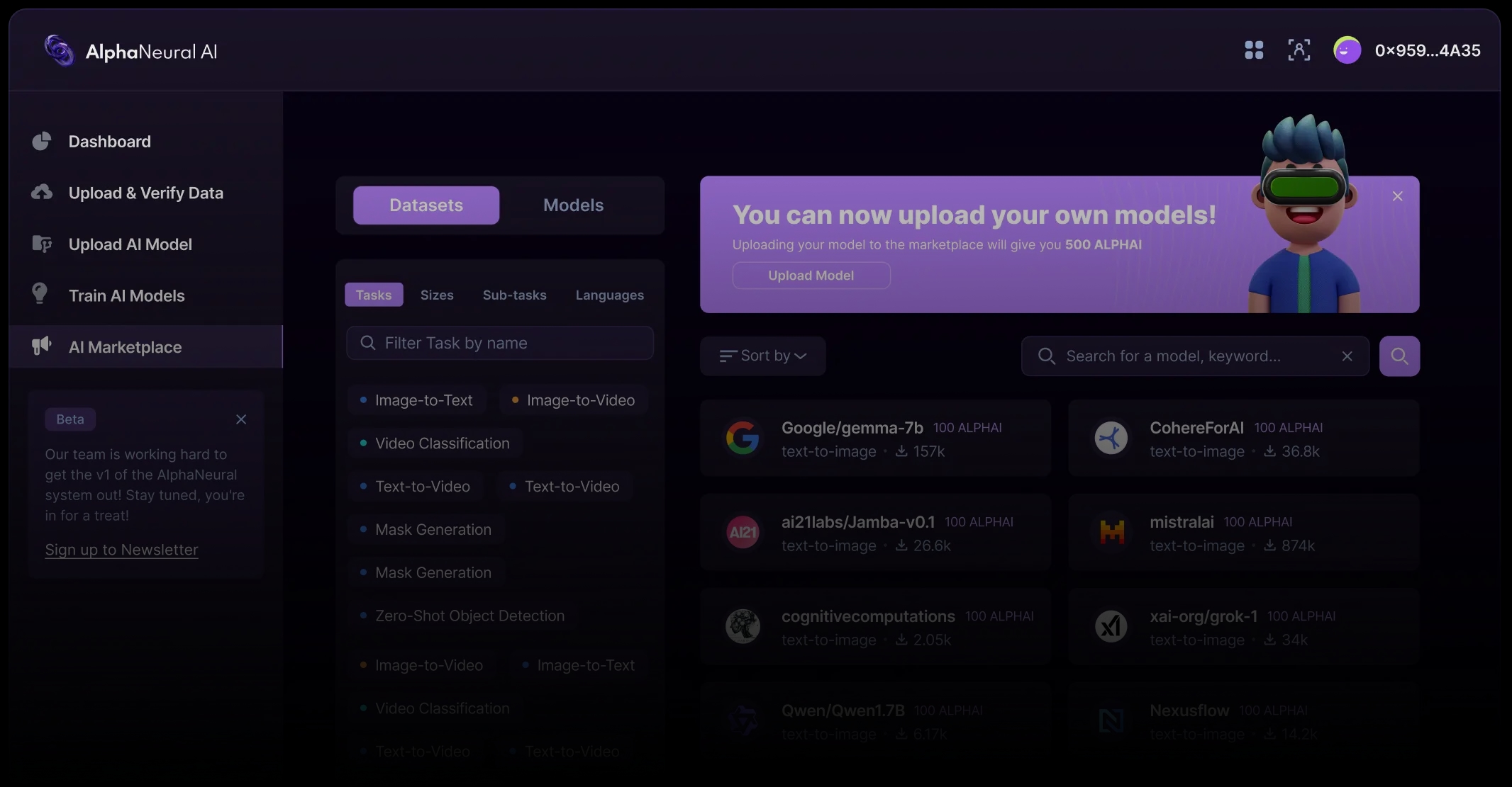 Showcasing the application AI Marketplace frontpage of AlphaNeural